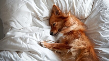 Wall Mural - Red dog sleeping on a bed with white sheets and pillows