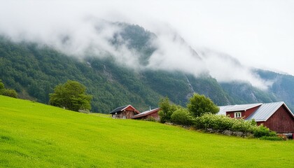 mountain village in the mountains, house in the fog, small house in the mountains, Casa aislada en la montaña con niebla, granja del norte de Europa en el campo