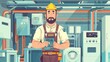 Facility technician flat design front view system upkeep theme cartoon drawing Analogous Color Scheme