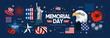 © Ardea-studio - Happy Memorial Day. Vector modern flat illustration of USA objects, eagle, star, ribbon, Statue of Liberty, logo, flower poppy and icons for banner, invitation, flyer, background or greeting card
