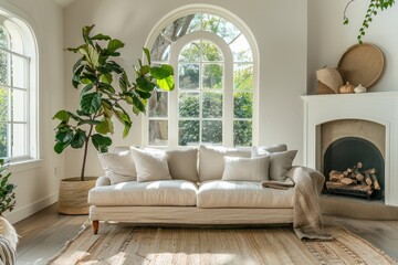 Poster - A living room with a white couch, a fireplace, and a potted plant