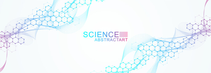 Wall Mural - modern scientific background with hexagons, lines and dots. wave flow abstract background. molecular
