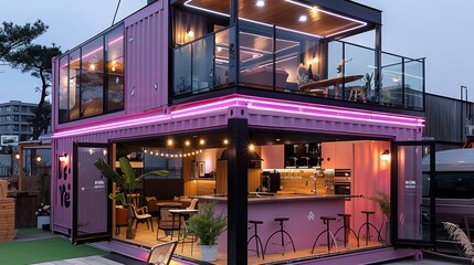 Poster - A pink container house with double glass windows, interior design of the coffee shop on ground floor and kitchen in one layer. Generative AI.