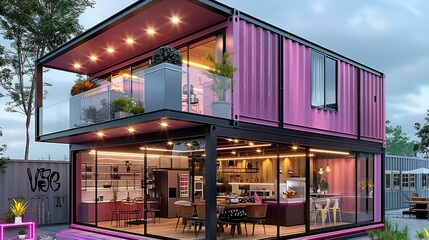 Poster - A pink container house with double glass windows, interior design of the coffee shop on ground floor and kitchen in one layer. Generative AI.