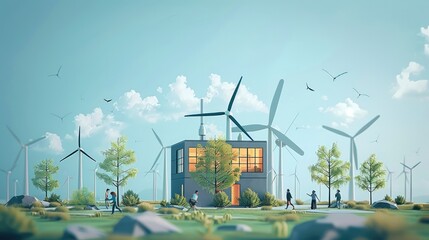 Aufkleber - Wind turbines are alternative electricity sources, the concept of sustainable resources, People in the community with wind generators turbines, Renewable energy. Vector illustration. Generative AI.