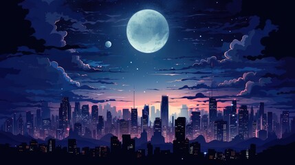 City skylines cartoon illustration - Generative AI. Night, skyscraper, cityscape, moon, water.