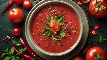 Wall Mural - A soup chili and tomatoes. The soup is light pink in color and contains no solids. surround with tomatoes and chili peppers on background. top view. Generative AI.