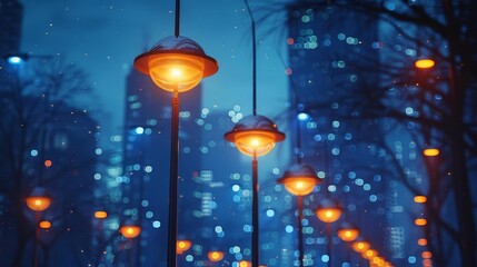 Portray a network of smart streetlights in a city that adjust brightness based on pedestrian and traffic patterns