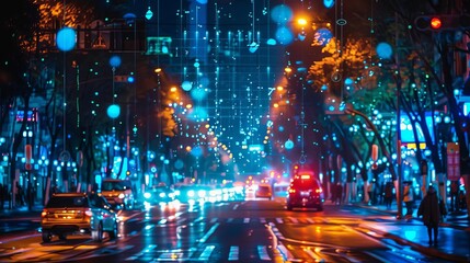 Portray a network of smart streetlights in a city that adjust brightness based on pedestrian and traffic patterns