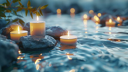 Calm background with candles, stones and water. Generative AI.