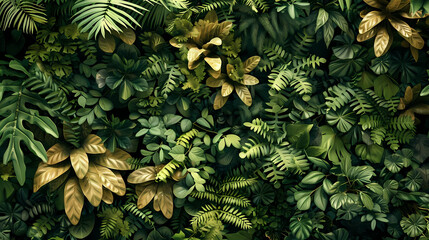 Wall Mural - abstract jungle canopy featuring a variety of plants and trees, including a lone tree, a cluster of bushes, and a distant mountain range