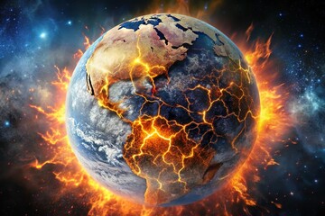 earth planet explode with flame fissure. apocalypse concept