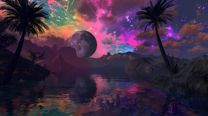 Wall Mural - abstract lunar oasis featuring a serene water body and a towering palm tree