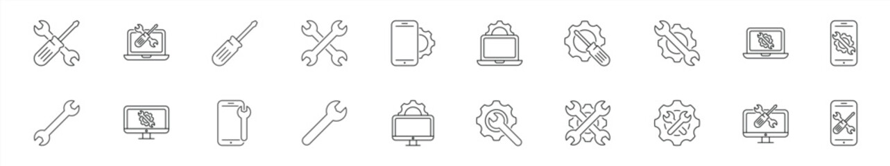 set of repair icon thin line style. tool wrench, spanner, gear, settings icon collections. vector illustration