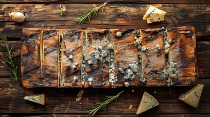 Wall Mural - Cedar plank with blue cheese and grill marks on wooden table. top view. Generative AI.