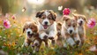Playful puppies frolicking in a field with butterflies and flowers