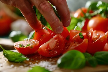 Poster - AI generated illustration of a person adding a fresh tomato to a stack of tomatoes