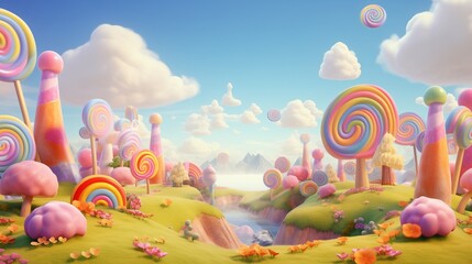 Wall Mural - A whimsical pop landscape design with oversized candy sculptures and lollipop trees