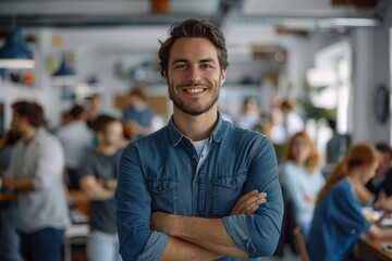 Aufkleber - Smiling man standing, surrounded by a group of people in the office, casual, programmers and IT specialists. Generative AI.