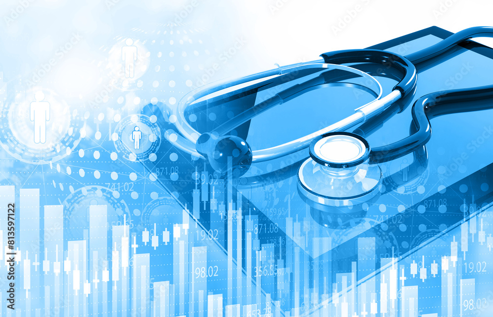 Medical industry stock market graph chart. Stethoscope with stock market graph. 3d illustration.