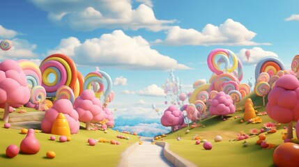 Wall Mural - A whimsical pop landscape design with oversized candy sculptures and lollipop trees