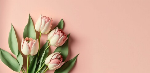 Bouquet of white tulips on the pink background