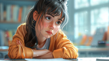 Wall Mural - A girl in a classroom at school sits at a table. The girl is in a bad mood, she is crying because she received a bad grade on a school test