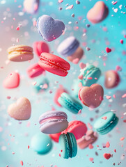 Poster - colorful macarons in the shape of hearts flying against a colorful background,high detailed