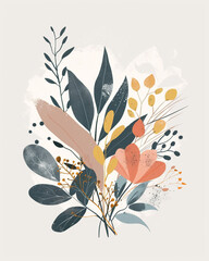 Wall Mural - Create a digital art piece featuring a collection of stylized botanical elements such as leaves, flower