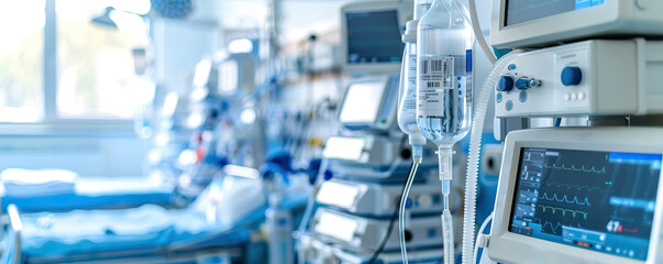 A hospital room with a bed and a monitor. The monitor is showing a heart rate of 100