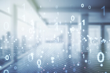 Aufkleber - Abstract virtual binary code illustration on empty corporate office background. Big data and coding concept. Multiexposure