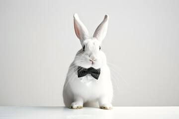 Wall Mural - Cute white rabbit with black bow isolated on White background