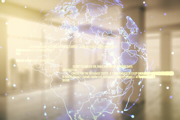 Aufkleber - Multi exposure of abstract programming language hologram and world map on abstract empty interior background, artificial intelligence and neural networks concept