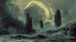 concept art of black stone pillars rising from the ocean waves