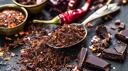Indulgent Fusion: Exquisite Ground and Whole Black Chocolate Chili Peppers, Perfectly Served with Sp