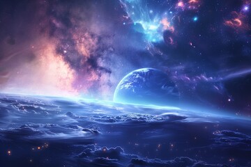 Wall Mural - vivid cosmic landscape with a large planet and nebula. imaginespase backgrounds wirh planet, star, g