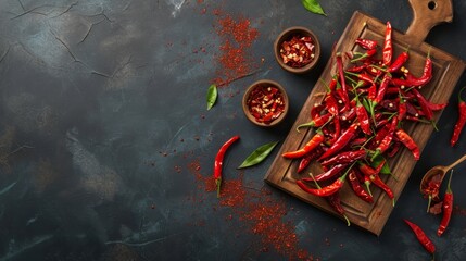 Wall Mural - Fiery Delights: A Vibrant Display of Dry Hot Chili Peppers on a Dark Background