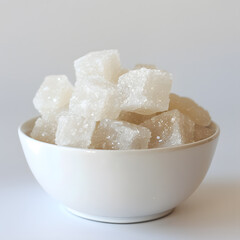 Wall Mural - Sugar cubes in white bowl isolated on white background