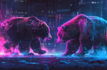 Two bears are fighting in a neon city