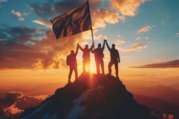 A group of people are standing on a mountain, holding a flag and celebrating