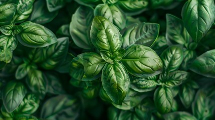 Wall Mural - Lush Basil Leaves in Vibrant Green - A Fresh Herbal Background. Perfect for Culinary Themes and Healthy Lifestyle Imagery. Nature's Patterns Captured in High Detail. AI