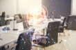 Double exposure of abstract virtual creative light bulb hologram with human brain on modern corporate office background, idea and brainstorming concept