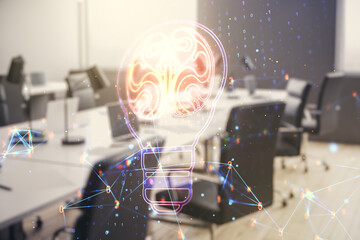 Poster - Double exposure of abstract virtual creative light bulb hologram with human brain on modern corporate office background, idea and brainstorming concept