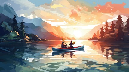 Wall Mural - Kayaking expedition photo realistic illustration - Generative AI. People, kayaking, cliff, river.