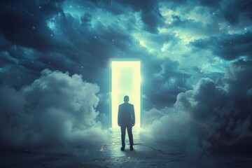 Wall Mural - a man stands in front of a large open door in a cloudy sky