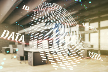 Aufkleber - Abstract virtual fingerprint illustration on a modern furnished classroom background, personal biometric data concept. Multiexposure