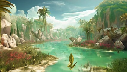 Wall Mural - Forests with lake habitats in 10,000 BC with a variety of aquatic creatures and vegetation. Ecosystem maintains the biodiversity of the natural world, providing home for range of species. AI-generated