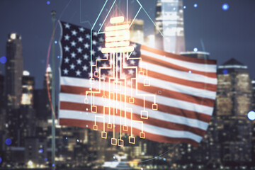 Poster - Double exposure of virtual creative light bulb hologram with chip on USA flag and blurry skyscrapers background, idea and brainstorming concept