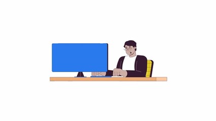 Poster - Arab male freelancer with overweight at computer line 2D character animation. Home office flat color cartoon 4K video, alpha channel. Plus sized man at pc animated person on white background