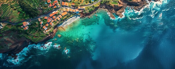 Wall Mural - Aerial drone view of Seixal, coastal town on the North of Madeira Island, Portugal.